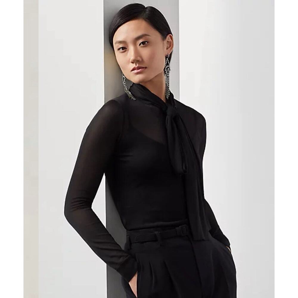 Ralph Lauren Purple Label Scarf Neck Silk Sweater S Sheer Black Top Blouse $1490